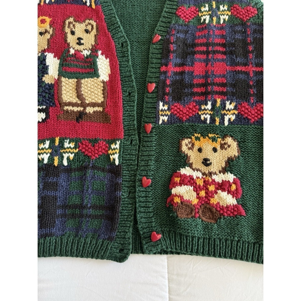 Karen Scott Handknitted Vintage Sweater Vest Large Teddy Bears Hearts Plaid - Picture 2 of 7